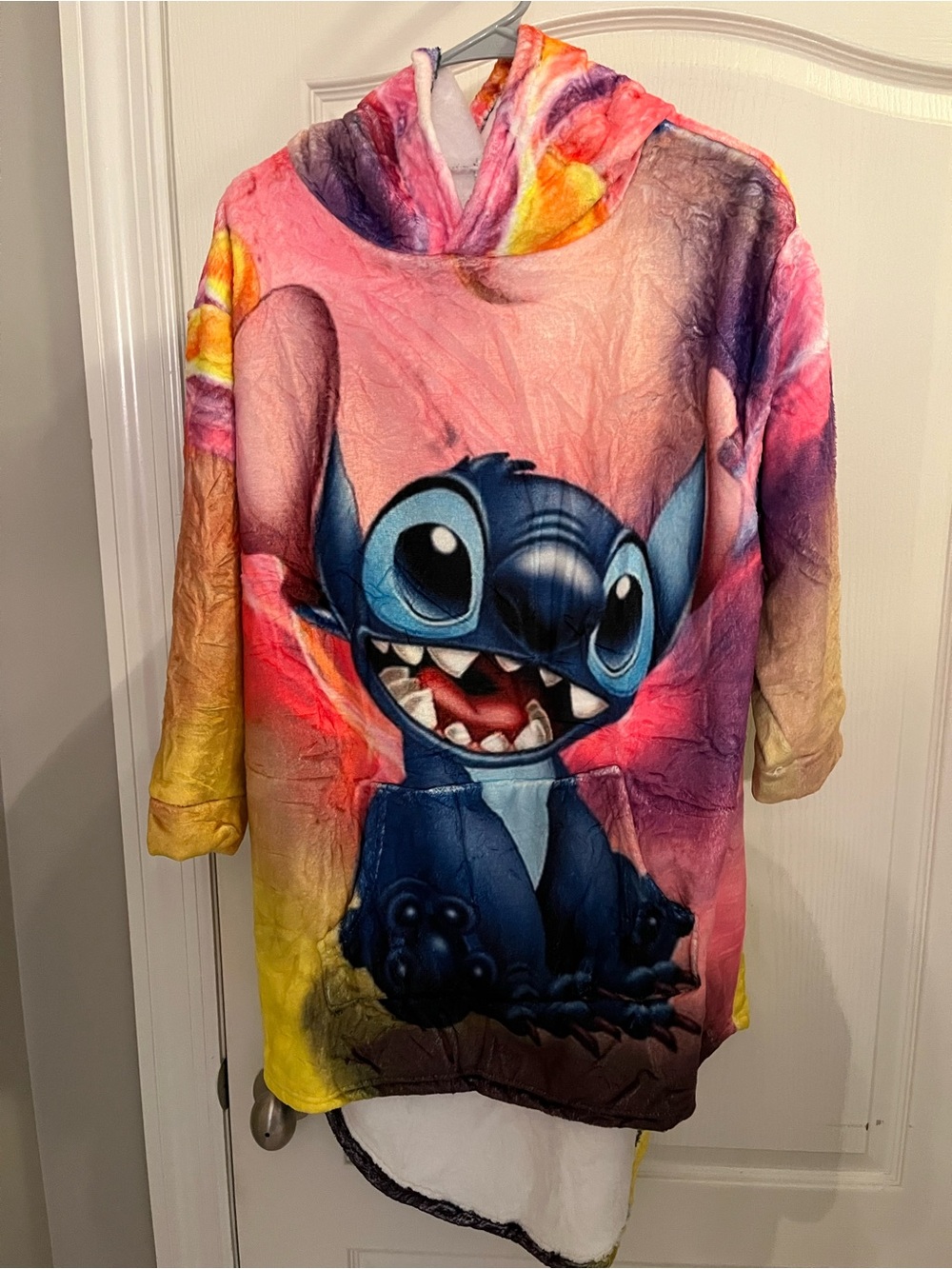 Plush Hooded Tunic Coat with Stitch Graphic - Multicolor